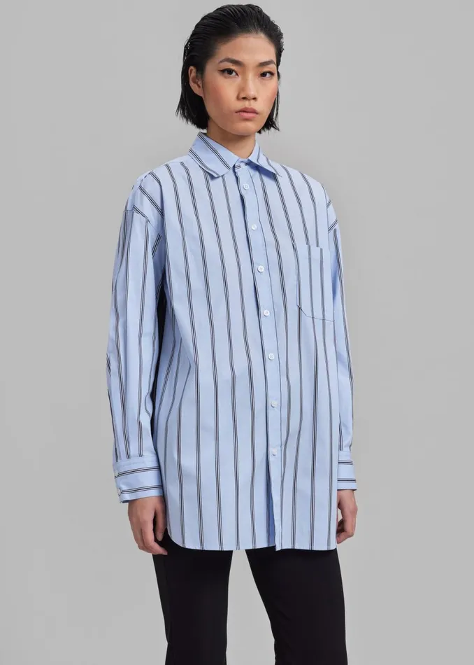 Women The Frankie Shop Tops Puppets And Puppets Cronenberg Oversized Striped Button Down Shirt Blue Stripe