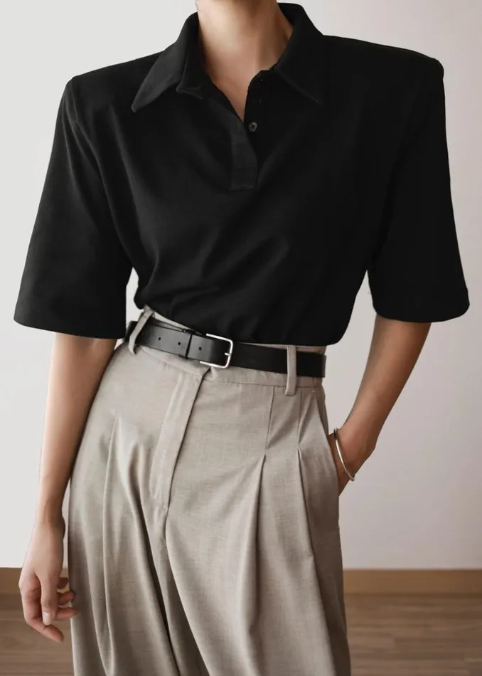 Women The Frankie Shop Tops Rane Padded Shoulder Polo Black