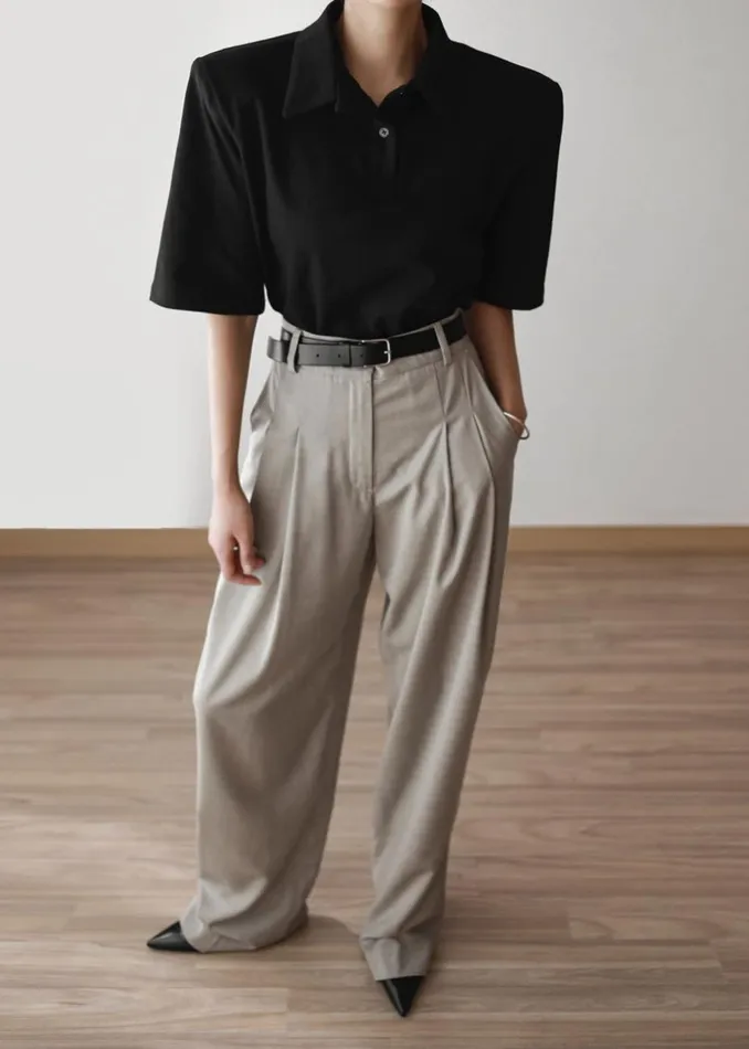 Women The Frankie Shop Tops Rane Padded Shoulder Polo Black