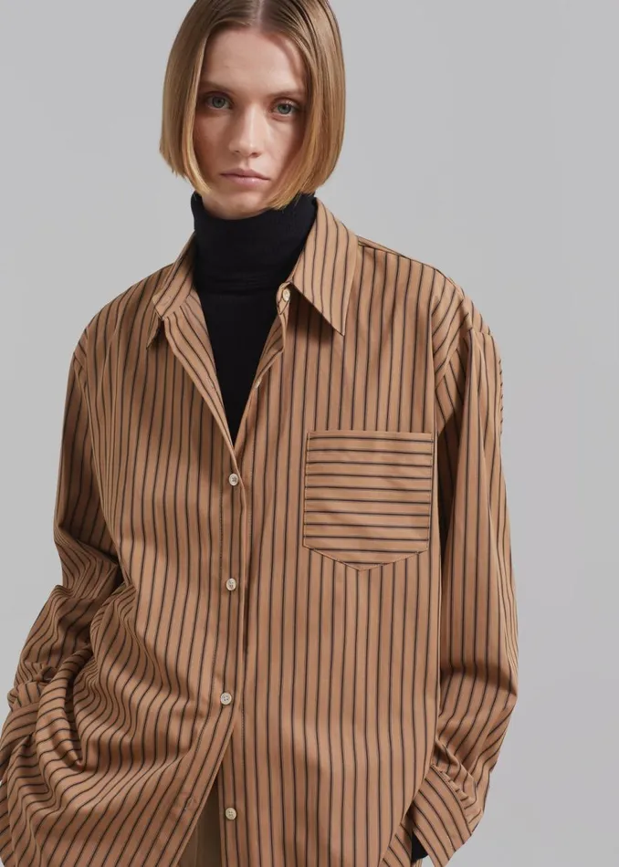 Women The Frankie Shop Tops Rine Pocket Shirt Camelblack Stripe