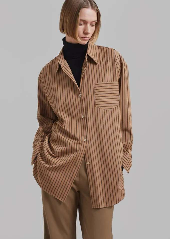 Women The Frankie Shop Tops Rine Pocket Shirt Camelblack Stripe