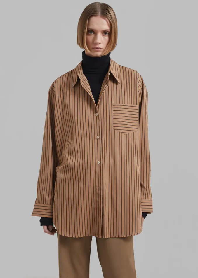 Women The Frankie Shop Tops Rine Pocket Shirt Camelblack Stripe