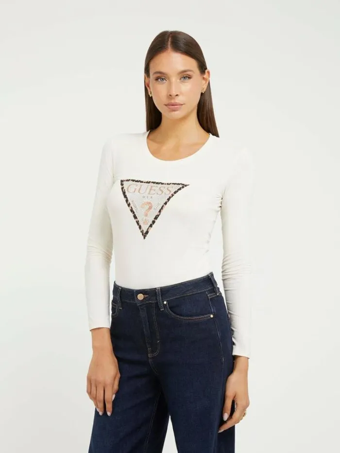 Women Triangle Logo Stretch Tshirt White Guess Tshirts