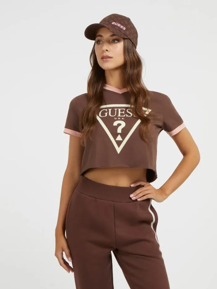 Women Triangle Logo Tshirt Brown Guess Tshirts