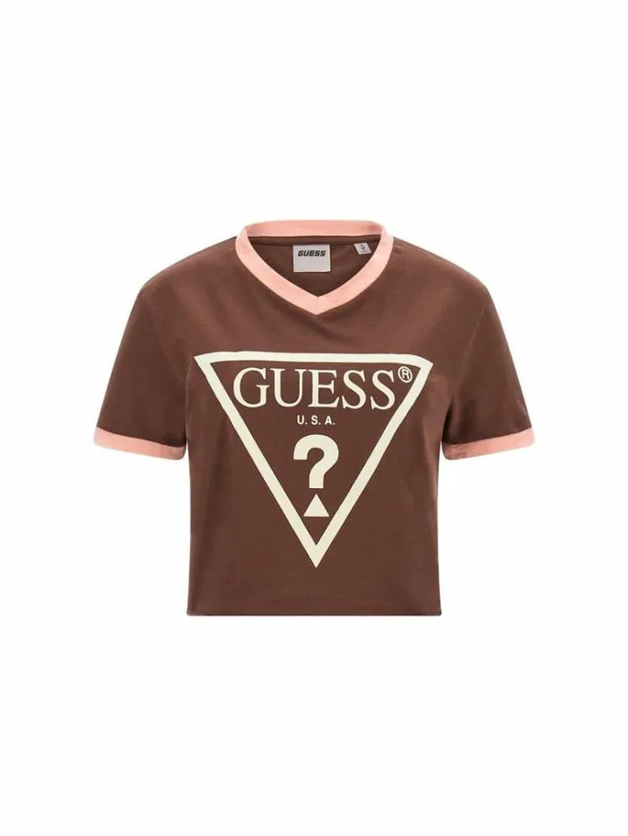 Women Triangle Logo Tshirt Brown Guess Tshirts