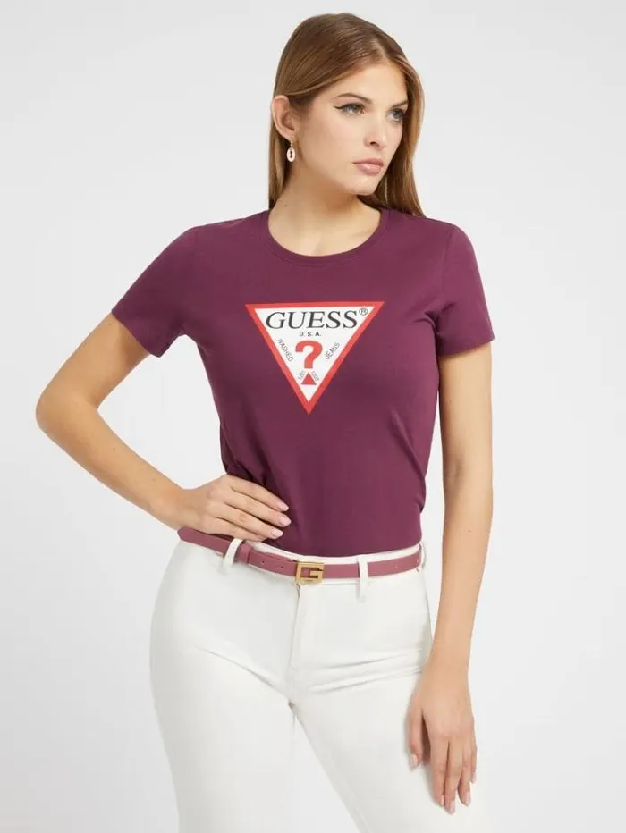 Women Triangle Logo Tshirt Burgundy Guess Tshirts