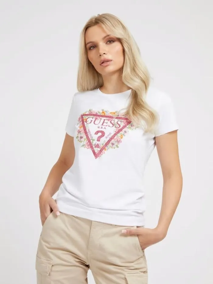Women Triangle Logo Tshirt White Guess Tshirts