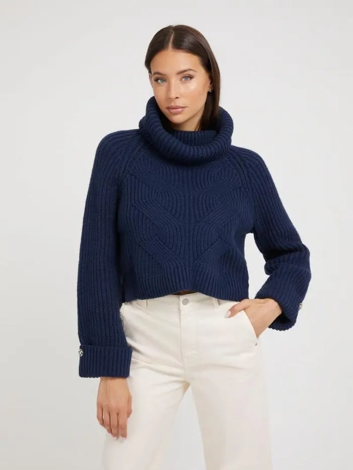 Women Turtle Neck Cotton Blend Sweater Blue Guess Knitwear And Sweatshirts