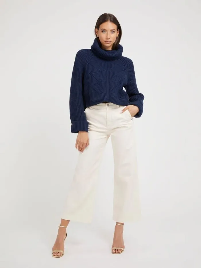 Women Turtle Neck Cotton Blend Sweater Blue Guess Knitwear And Sweatshirts
