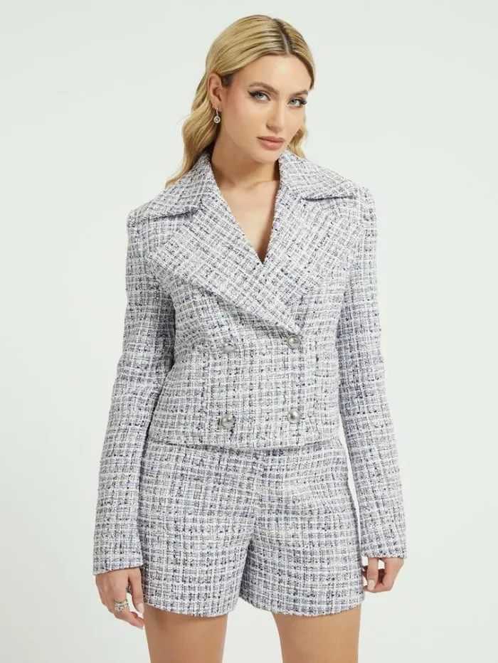 Women Tweed Crop Blazer Light Blue Guess Coats And Jackets