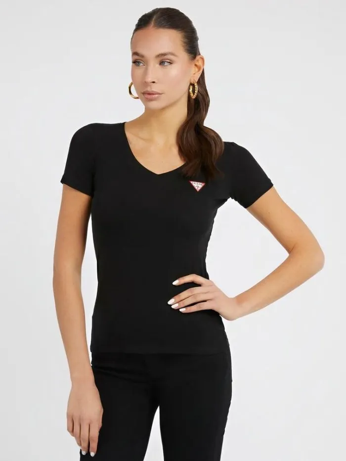 Women V Neck Tshirt Black Guess Tshirts