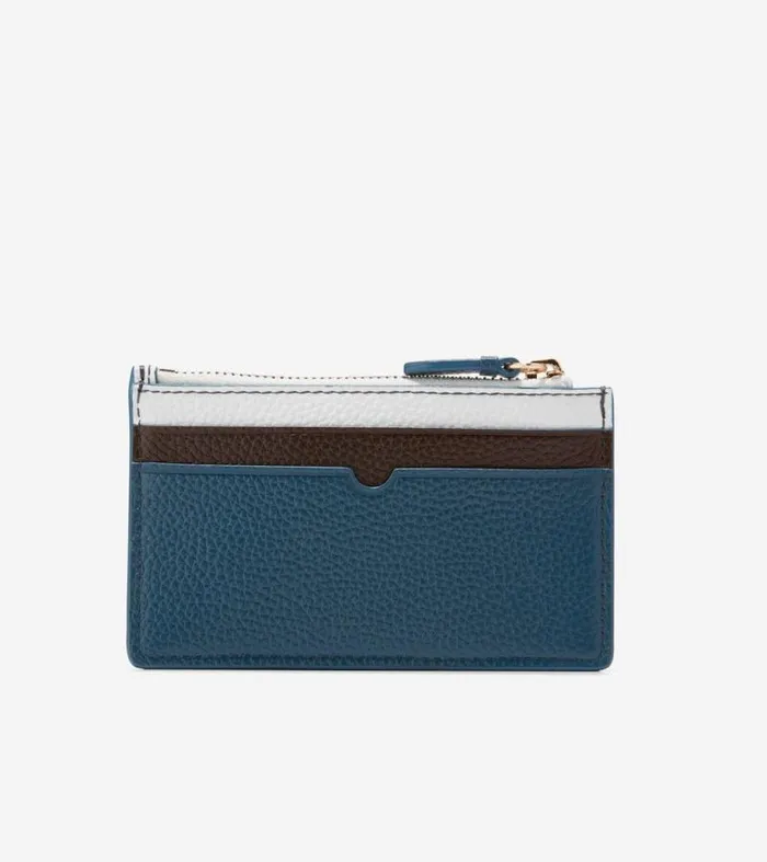 Women Wallets and Wristlets Cole Haan Essential Zip Card Case Blue Wing Tealdark Chocolateoptic White