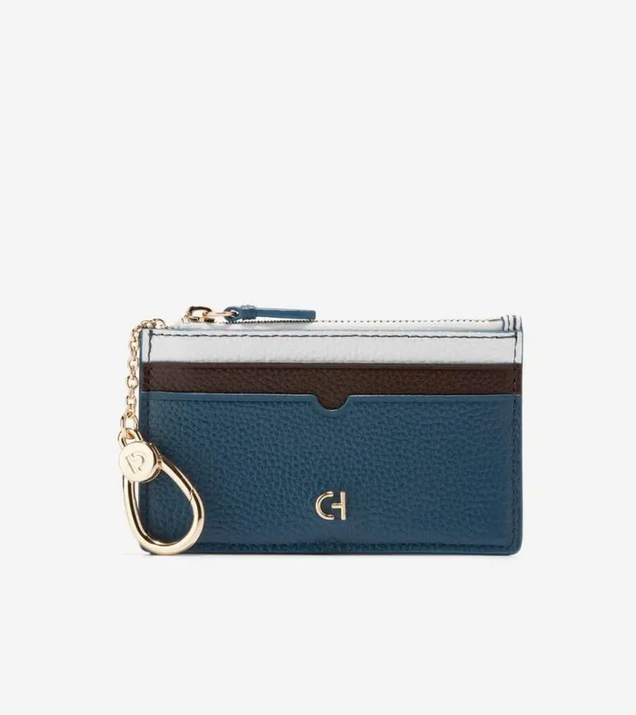 Women Wallets and Wristlets Cole Haan Essential Zip Card Case Blue Wing Tealdark Chocolateoptic White