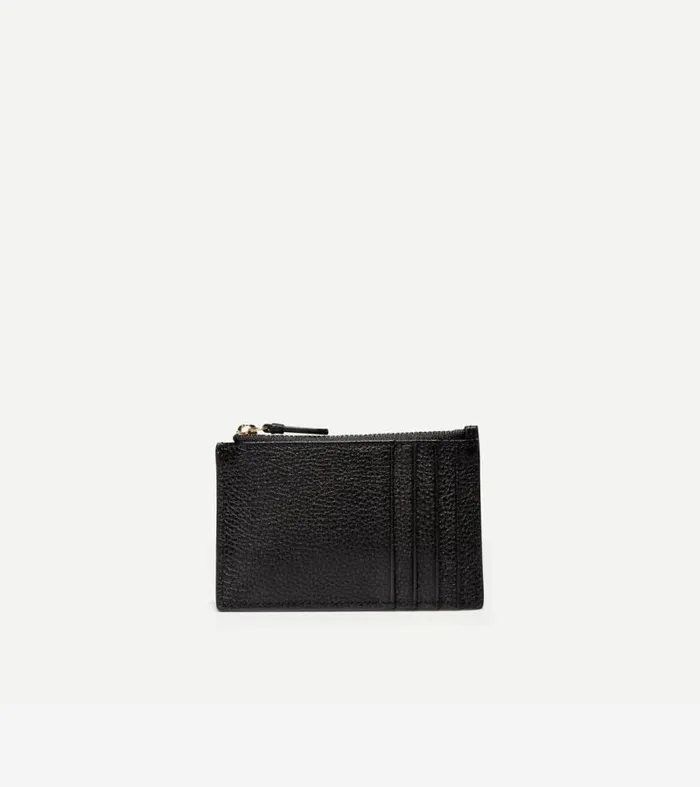 Women Wallets and Wristlets Cole Haan GRANDSERIES Card Case With Zip Black Pebbled Leather