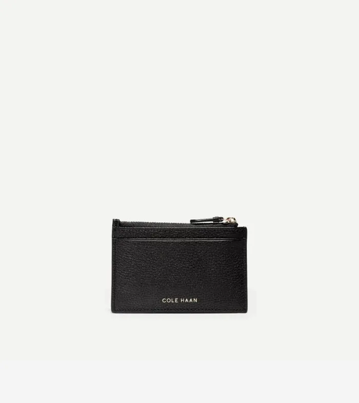 Women Wallets and Wristlets Cole Haan GRANDSERIES Card Case With Zip Black Pebbled Leather