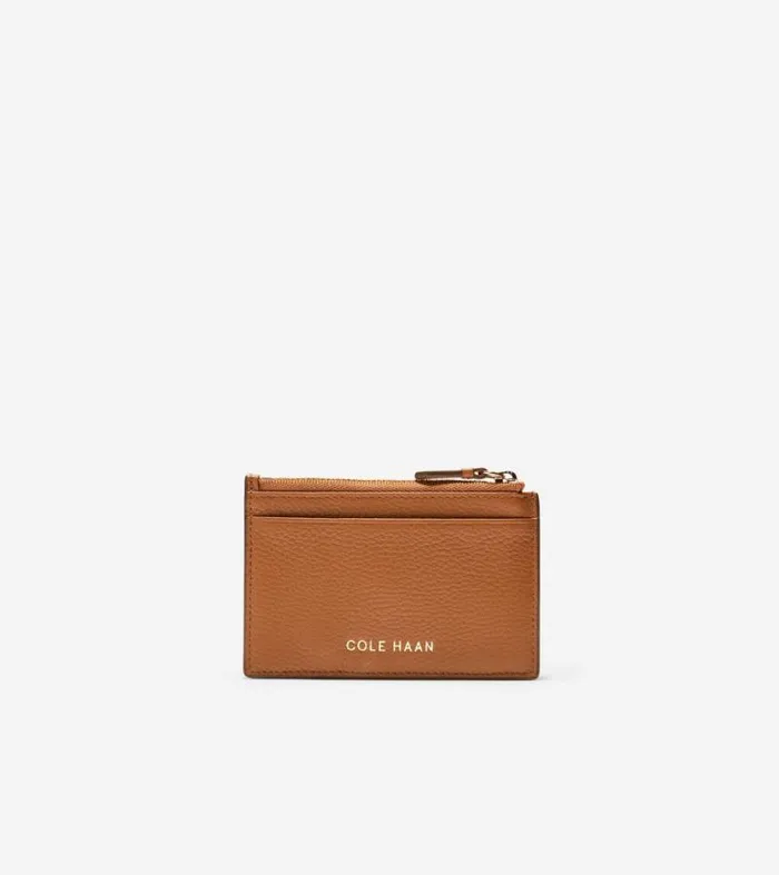 Women Wallets and Wristlets Cole Haan GRANDSERIES Card Case With Zip British Tan Pebbled Leather