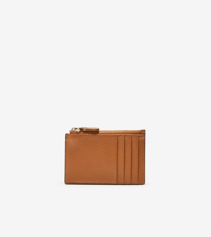 Women Wallets and Wristlets Cole Haan GRANDSERIES Card Case With Zip British Tan Pebbled Leather