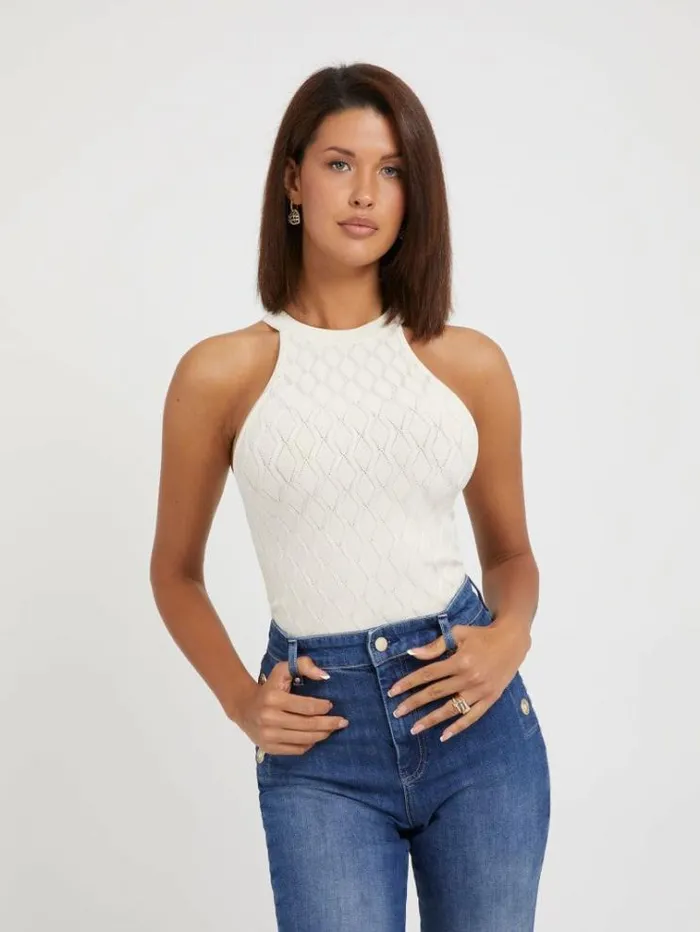 Women Wave Rib Sweater Top White Guess Tops And Shirts