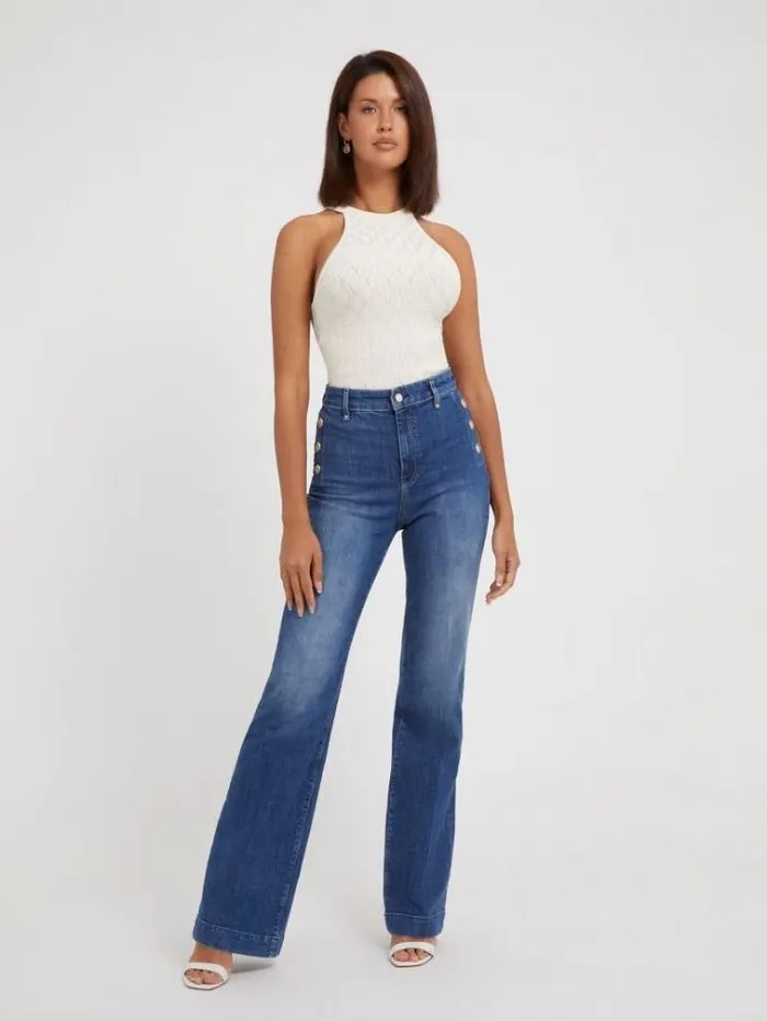 Women Wave Rib Sweater Top White Guess Tops And Shirts