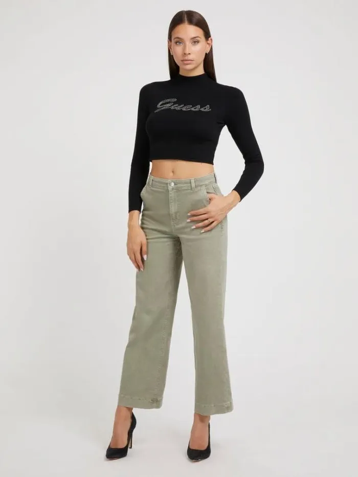 Women Wide Leg Pant Green Guess Trousers