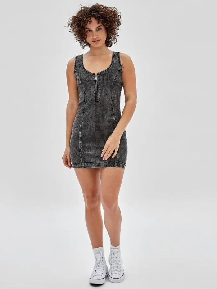 Women Zip Up Denim Dress Black Guess Dresses And Jumpsuits